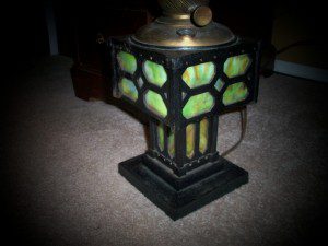 Antique Cast Iron & Stained Glass Lamp.